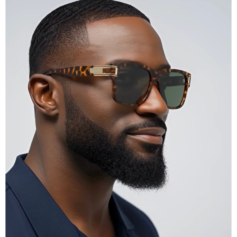 Mens Tortoise Square Sunglasses Gold Metal Temple Dark Green Lens Retro Luxury